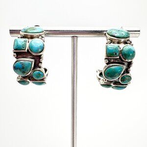 VTG Solid Sterling Silver 925 Turquoise Bezel Set Half Hoop Earrings Size 1.5"